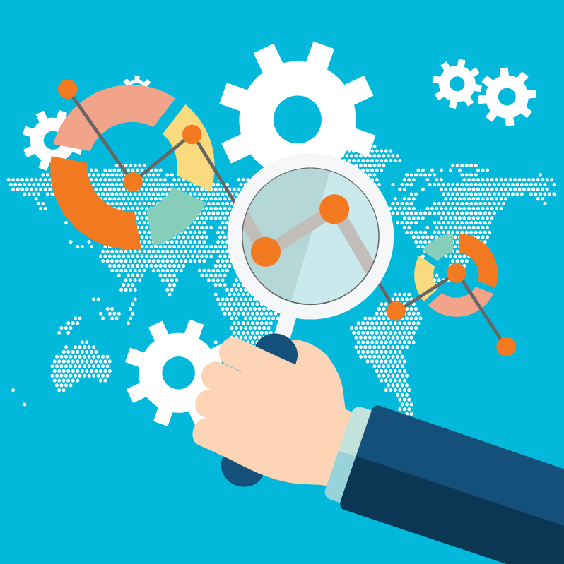 Hand holding magnifying glass over a world map with gears above, links to Data Science course